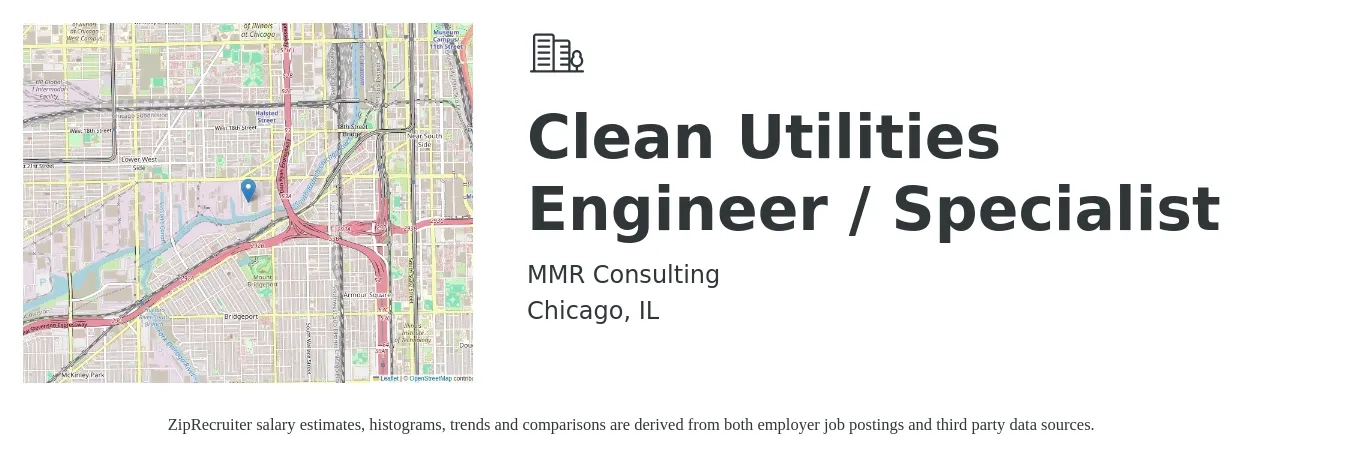 MMR Consulting job posting for a Clean Utilities Engineer / Specialist in Chicago, IL with a salary of $60,300 to $89,100 Yearly with a map of Chicago location.