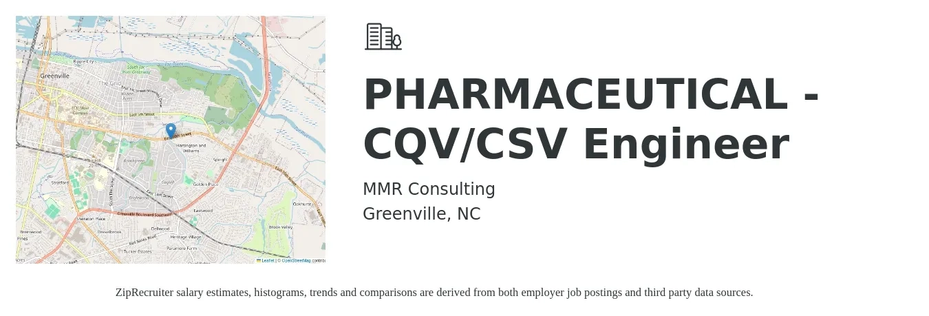 MMR Consulting job posting for a PHARMACEUTICAL - CQV/CSV Engineer in Greenville, NC with a salary of $39 to $63 Hourly with a map of Greenville location.