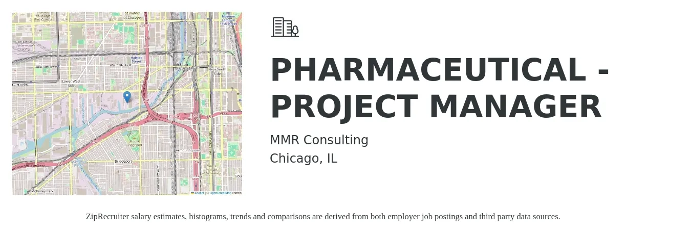 MMR Consulting job posting for a PHARMACEUTICAL - PROJECT MANAGER in Chicago, IL with a salary of $85,500 to $132,400 Yearly with a map of Chicago location.