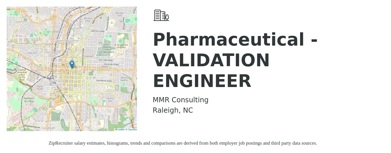 MMR Consulting job posting for a Pharmaceutical - VALIDATION ENGINEER in Raleigh, NC with a salary of $40 to $64 Hourly with a map of Raleigh location.