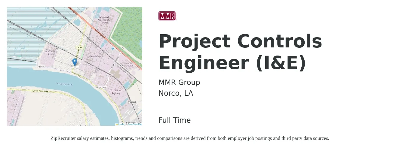 MMR Group job posting for a Project Controls Engineer (I&E) in Norco, LA with a salary of $89,800 to $133,100 Yearly with a map of Norco location.