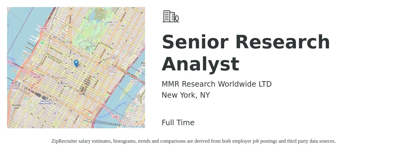 MMR Research Worldwide LTD job posting for a Senior Research Analyst in New York, NY with a salary of $126,900 to $127,500 Yearly with a map of New York location.