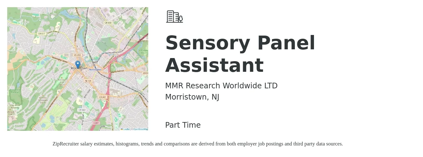 MMR Research Worldwide LTD job posting for a Sensory Panel Assistant in Morristown, NJ with a salary of $38,100 to $39,100 Yearly with a map of Morristown location.