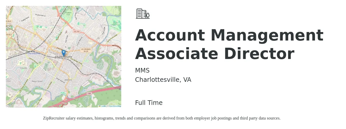 MMS job posting for a Account Management Associate Director in Charlottesville, VA with a salary of $84,300 to $108,100 Yearly with a map of Charlottesville location.