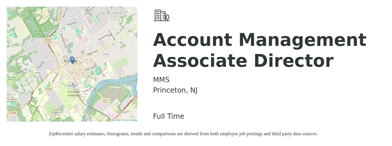 MMS job posting for a Account Management Associate Director in Princeton, NJ with a salary of $89,900 to $115,300 Yearly with a map of Princeton location.