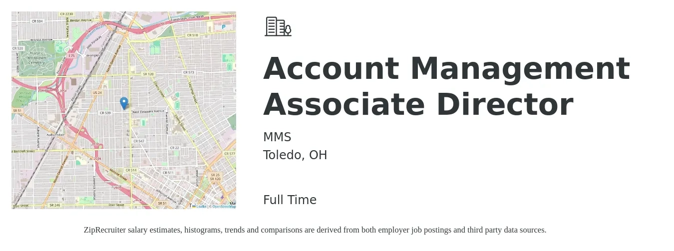 MMS job posting for a Account Management Associate Director in Toledo, OH with a salary of $83,600 to $107,200 Yearly with a map of Toledo location.