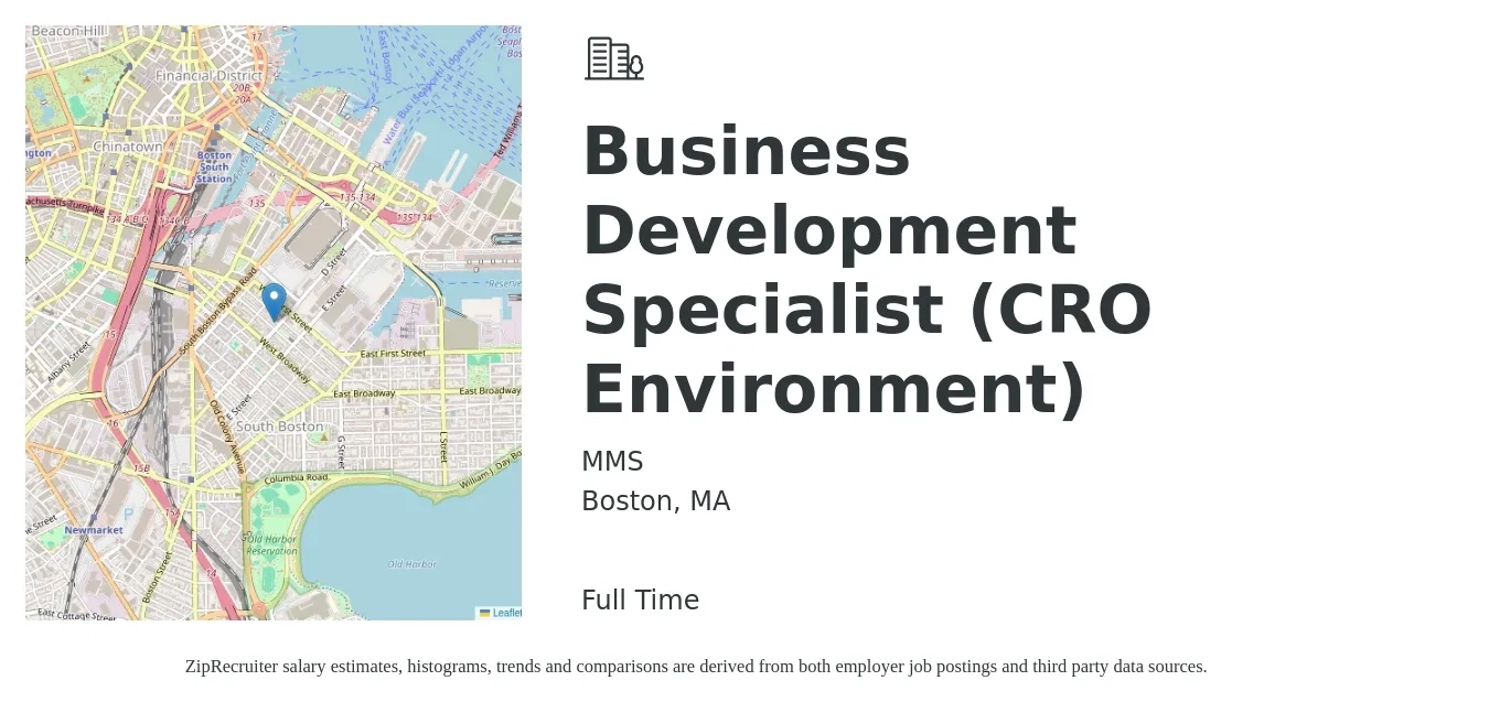 MMS job posting for a Business Development Specialist (CRO Environment) in Boston, MA with a salary of $49,400 to $82,600 Yearly with a map of Boston location.