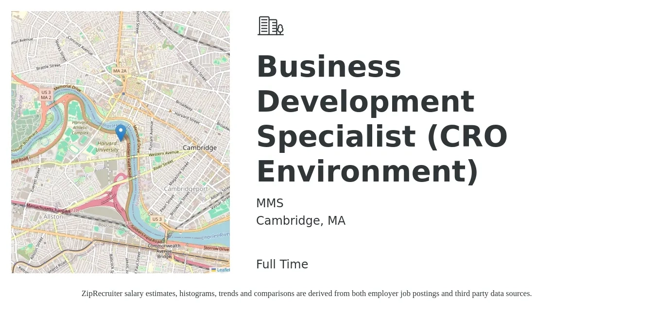 MMS job posting for a Business Development Specialist (CRO Environment) in Cambridge, MA with a salary of $51,400 to $85,800 Yearly with a map of Cambridge location.