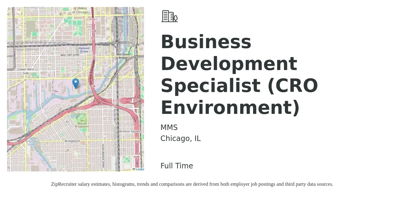 MMS job posting for a Business Development Specialist (CRO Environment) in Chicago, IL with a salary of $48,500 to $80,900 Yearly with a map of Chicago location.