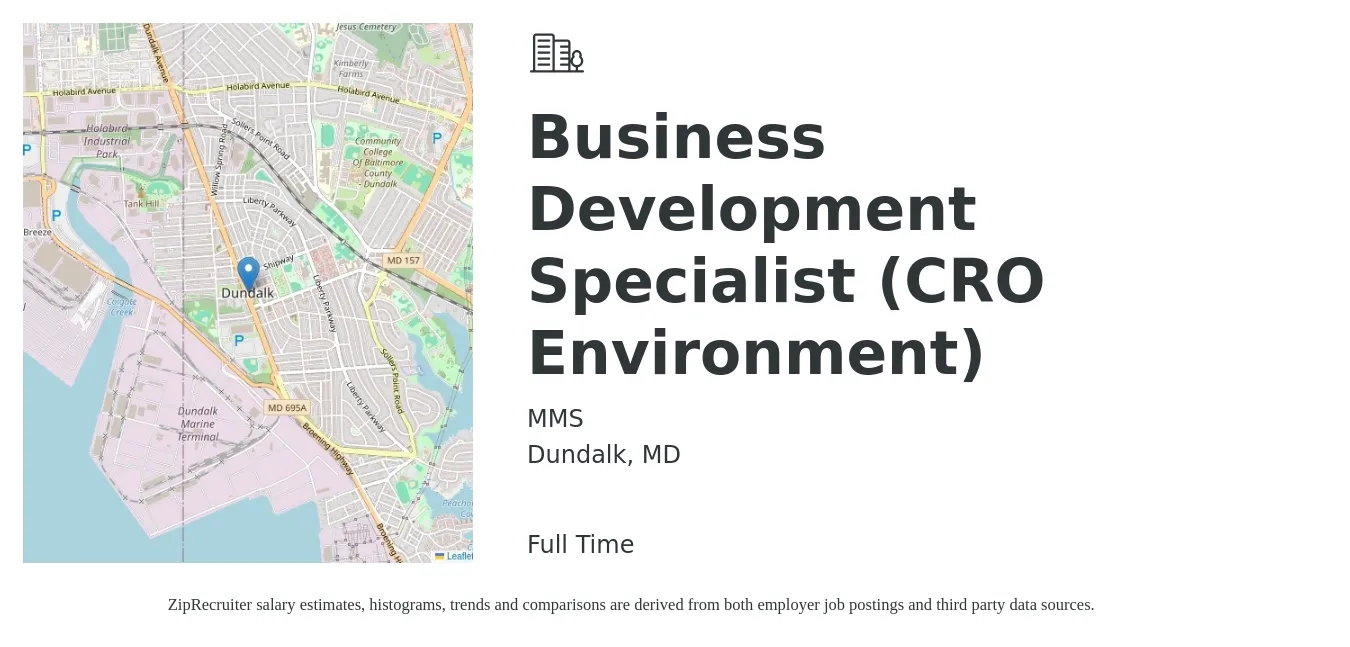 MMS job posting for a Business Development Specialist (CRO Environment) in Dundalk, MD with a salary of $43,600 to $72,800 Yearly with a map of Dundalk location.