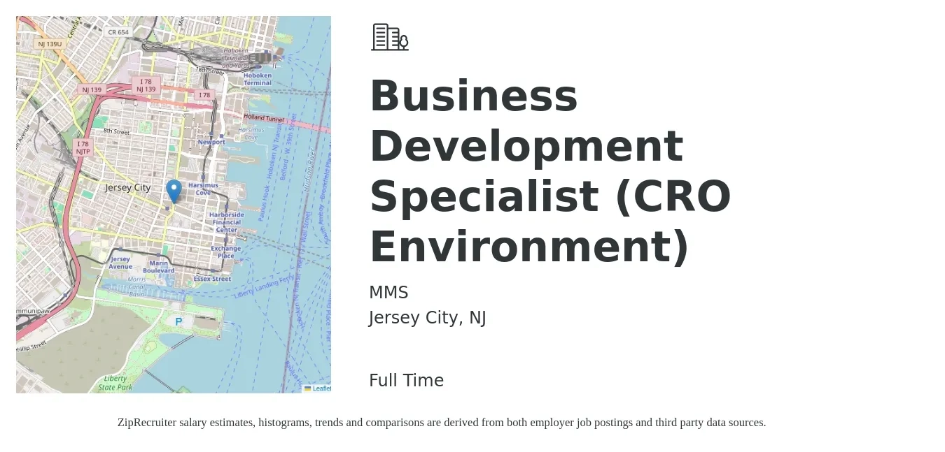 MMS job posting for a Business Development Specialist (CRO Environment) in Jersey City, NJ with a salary of $51,400 to $85,900 Yearly with a map of Jersey City location.