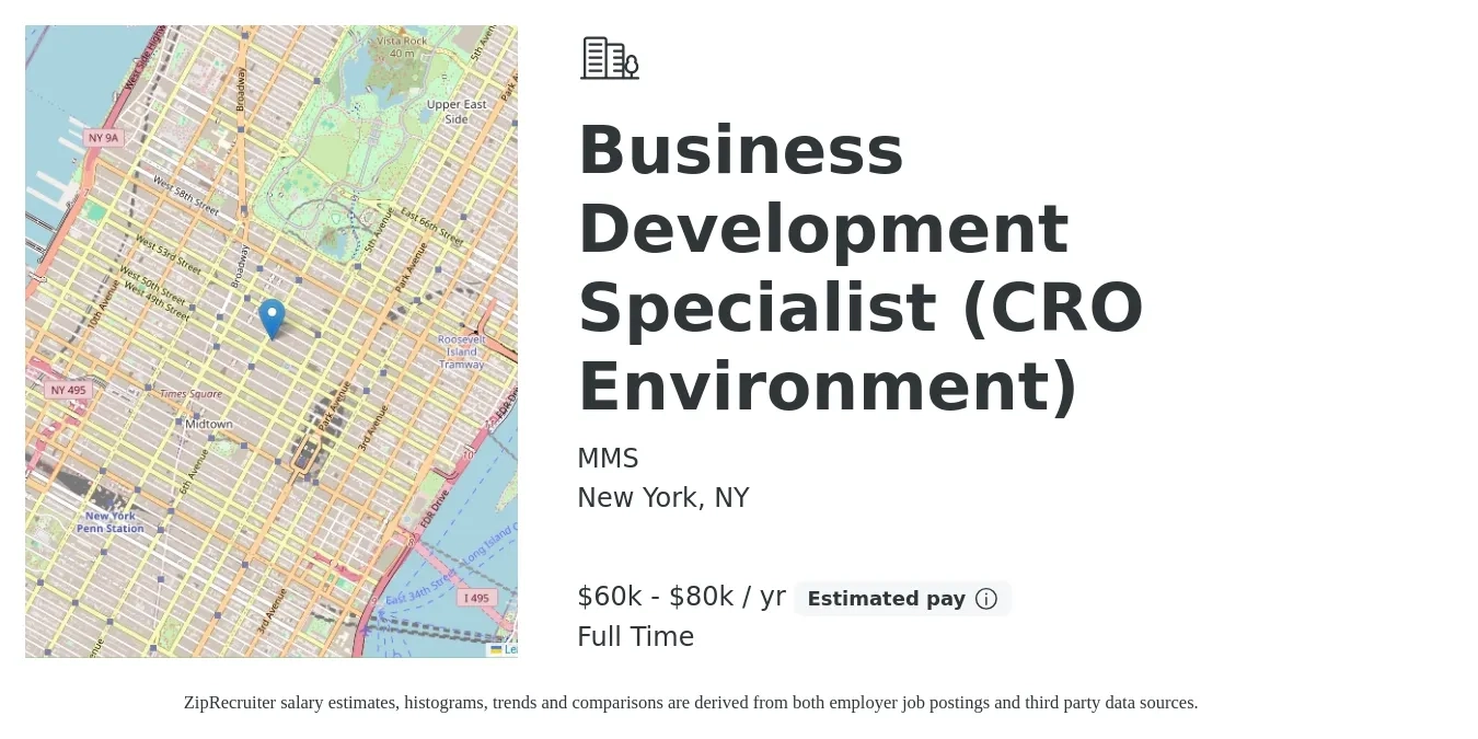 MMS job posting for a Business Development Specialist (CRO Environment) in New York, NY with a salary of $60,000 to $80,000 Yearly with a map of New York location.