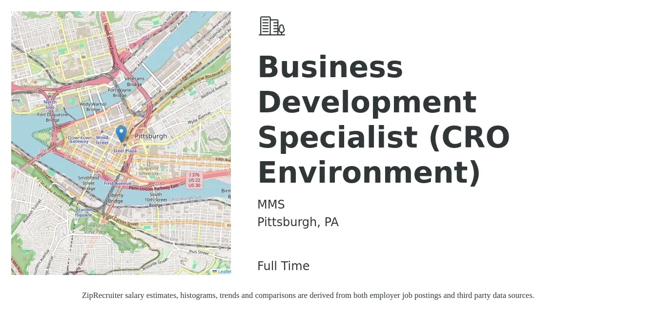 MMS job posting for a Business Development Specialist (CRO Environment) in Pittsburgh, PA with a salary of $45,600 to $76,200 Yearly with a map of Pittsburgh location.