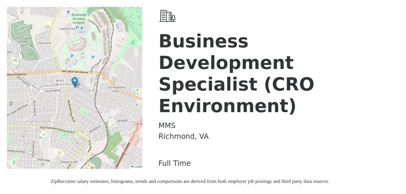MMS job posting for a Business Development Specialist (CRO Environment) in Richmond, VA with a salary of $46,500 to $77,700 Yearly with a map of Richmond location.
