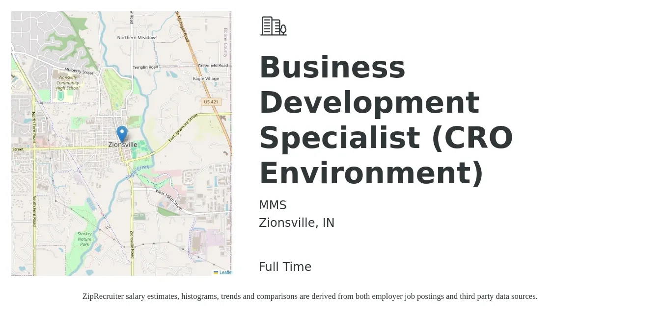 MMS job posting for a Business Development Specialist (CRO Environment) in Zionsville, IN with a salary of $45,500 to $76,000 Yearly with a map of Zionsville location.