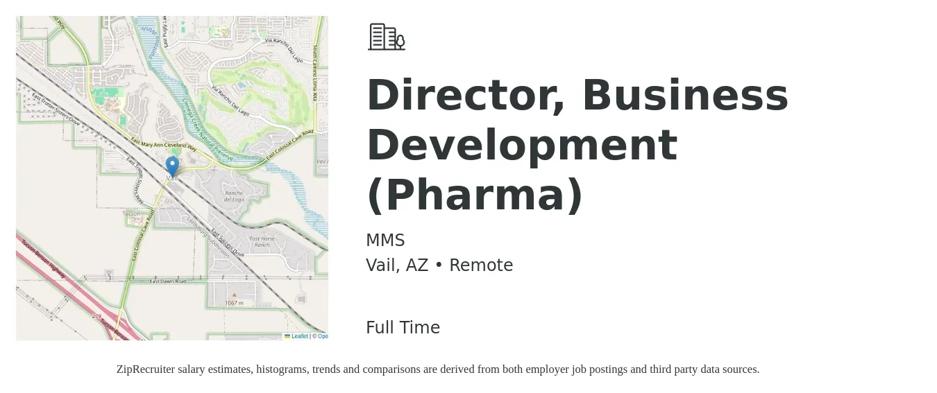 MMS job posting for a Director, Business Development (Pharma) in Vail, AZ with a salary of $98,600 to $159,800 Yearly with a map of Vail location.