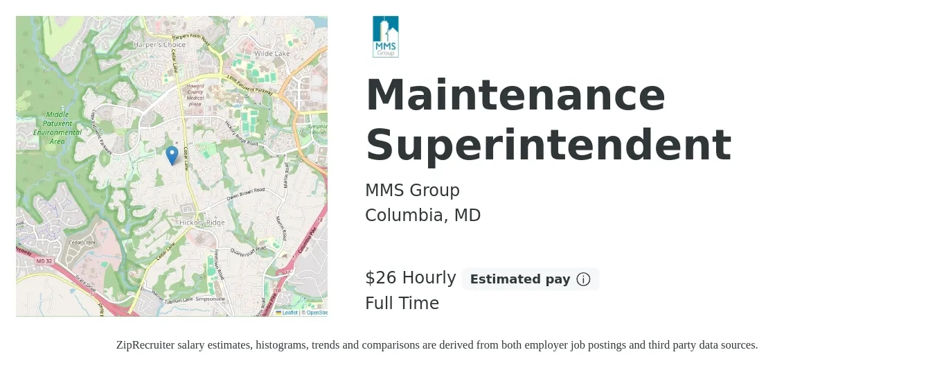 MMS Group job posting for a Maintenance Superintendent in Columbia, MD with a salary of $28 Hourly with a map of Columbia location.