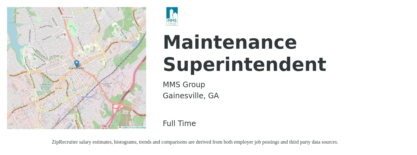MMS Group job posting for a Maintenance Superintendent in Gainesville, GA with a salary of $22 to $37 Hourly with a map of Gainesville location.
