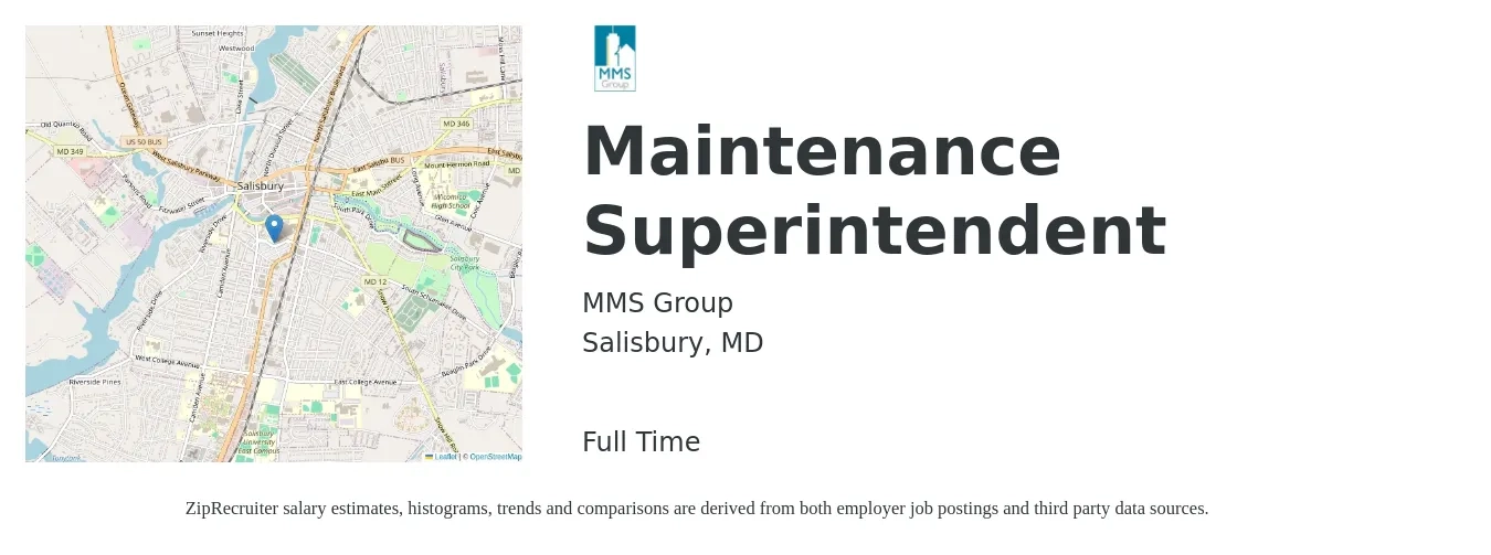 MMS Group job posting for a Maintenance Superintendent in Salisbury, MD with a salary of $22 to $36 Hourly with a map of Salisbury location.