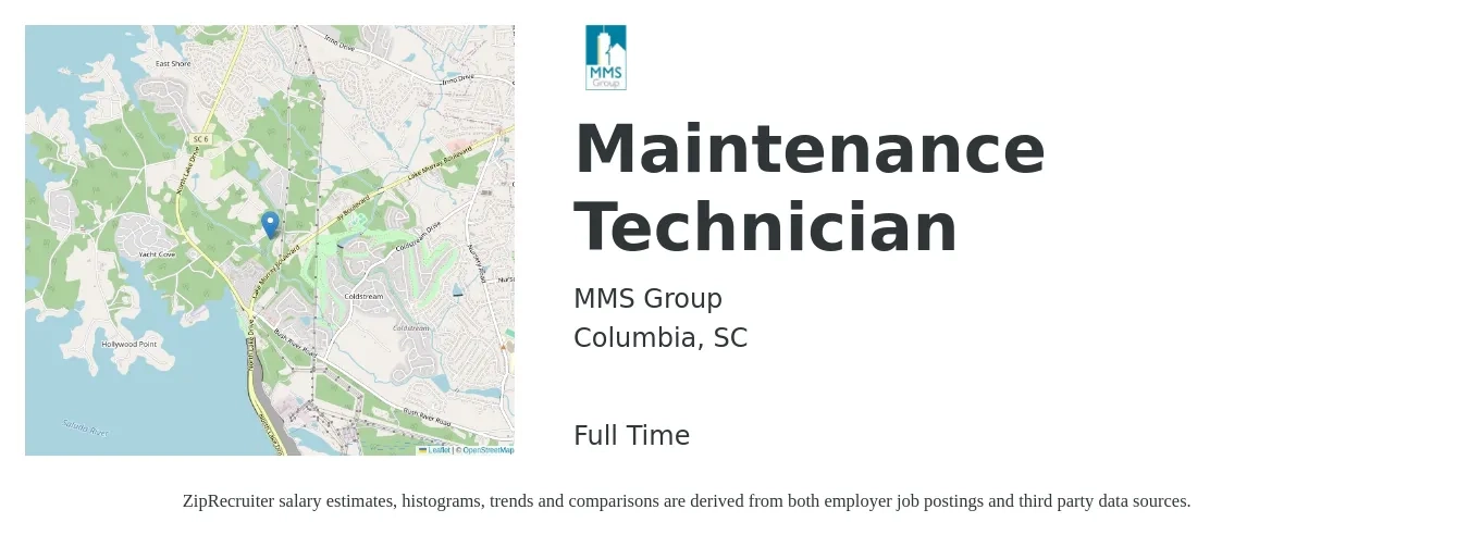 MMS Group job posting for a Maintenance Technician in Columbia, SC with a salary of $18 to $25 Hourly with a map of Columbia location.