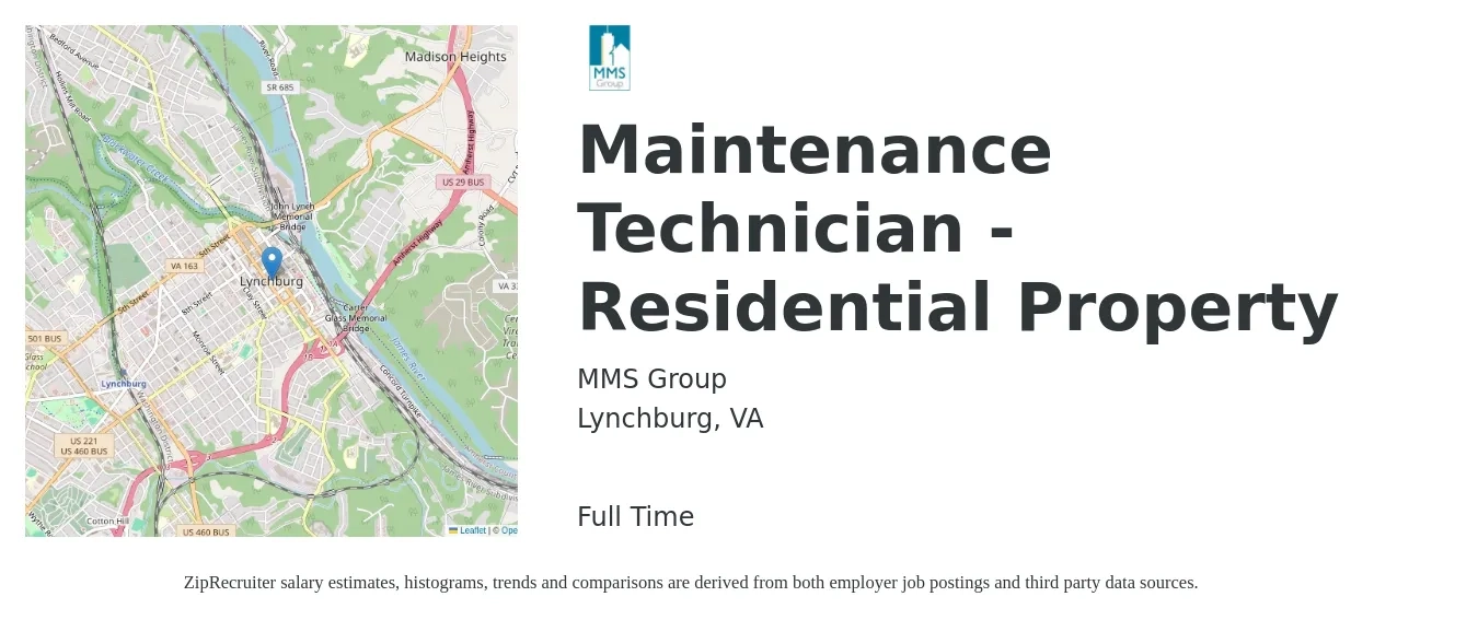 MMS Group job posting for a Maintenance Technician - Residential Property in Lynchburg, VA with a salary of $19 to $25 Hourly with a map of Lynchburg location.