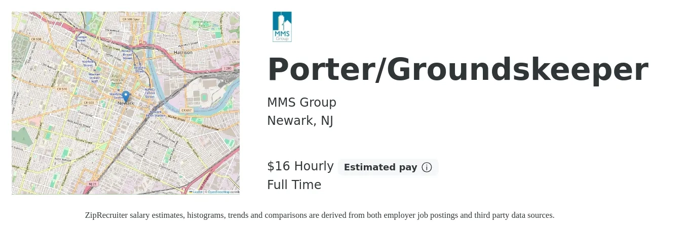 MMS Group job posting for a Porter/Groundskeeper in Newark, NJ with a salary of $17 Hourly with a map of Newark location.