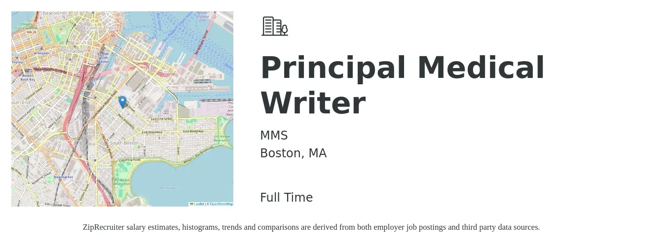MMS job posting for a Principal Medical Writer in Boston, MA with a salary of $37 to $61 Hourly with a map of Boston location.