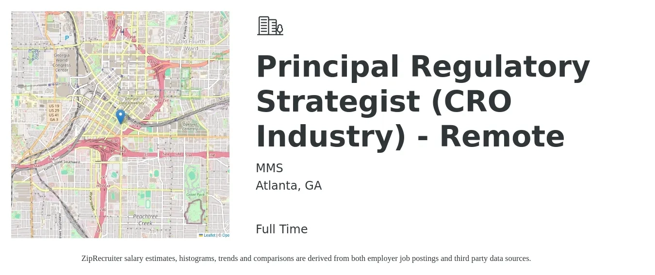 MMS job posting for a Principal Regulatory Strategist (CRO Industry) - Remote in Atlanta, GA with a salary of $93,200 to $143,700 Yearly with a map of Atlanta location.
