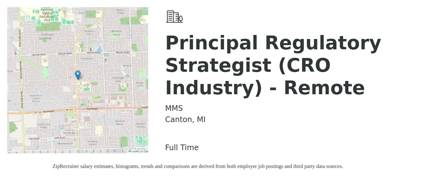 MMS job posting for a Principal Regulatory Strategist (CRO Industry) - Remote in Canton, MI with a salary of $87,900 to $135,600 Yearly with a map of Canton location.