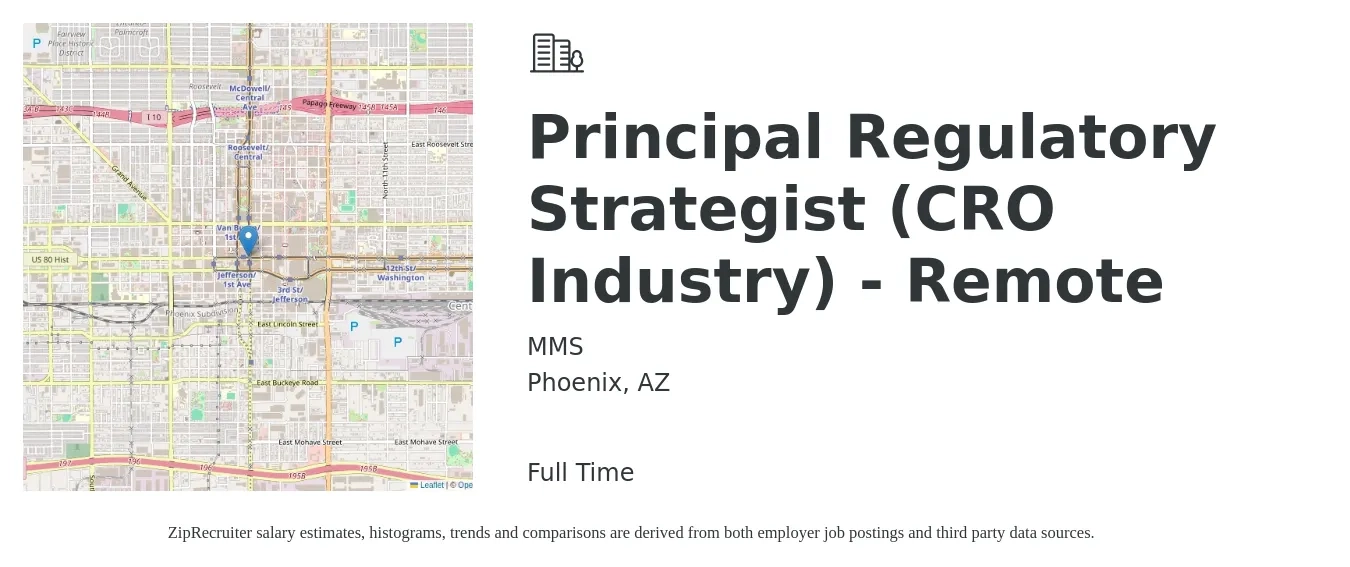 MMS job posting for a Principal Regulatory Strategist (CRO Industry) - Remote in Phoenix, AZ with a salary of $94,300 to $145,500 Yearly with a map of Phoenix location.