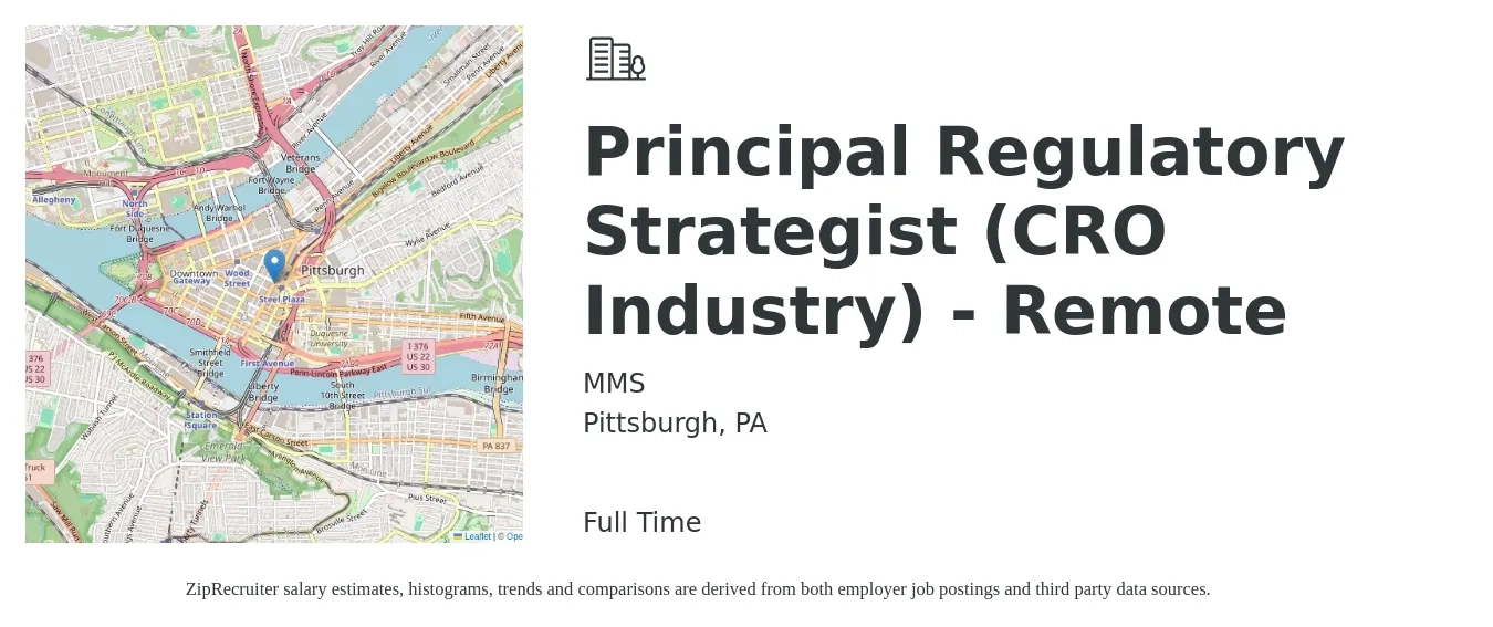 MMS job posting for a Principal Regulatory Strategist (CRO Industry) - Remote in Pittsburgh, PA with a salary of $92,200 to $142,200 Yearly with a map of Pittsburgh location.