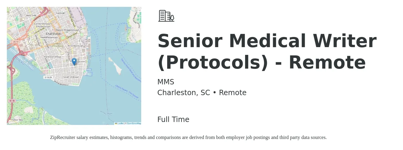 MMS job posting for a Senior Medical Writer (Protocols) - Remote in Charleston, SC with a salary of $98,700 to $157,600 Yearly with a map of Charleston location.