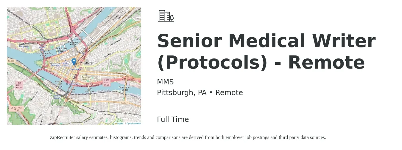 MMS job posting for a Senior Medical Writer (Protocols) - Remote in Pittsburgh, PA with a salary of $101,000 to $161,200 Yearly with a map of Pittsburgh location.