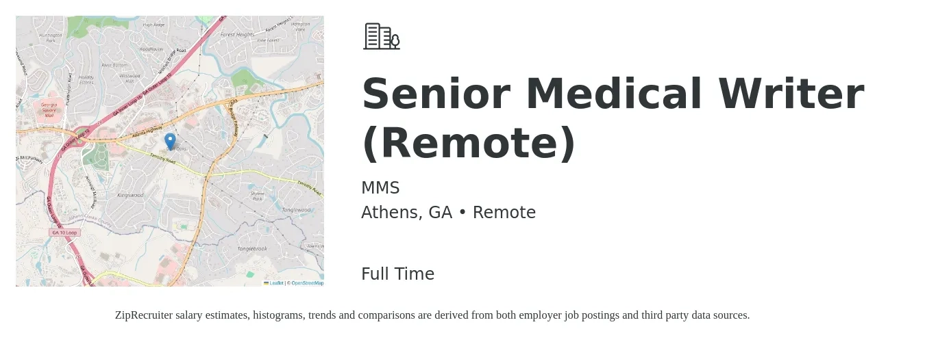 MMS job posting for a Senior Medical Writer (Remote) in Athens, GA with a salary of $100,400 to $160,300 Yearly with a map of Athens location.