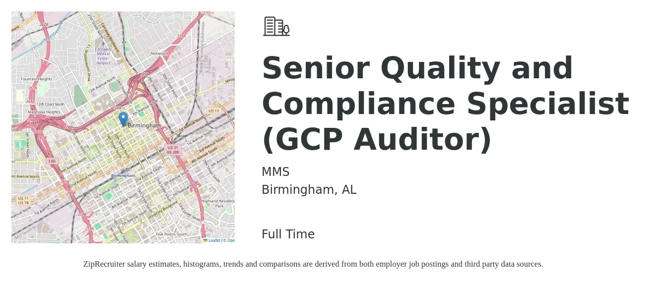 MMS job posting for a Senior Quality and Compliance Specialist (GCP Auditor) in Birmingham, AL with a salary of $45,900 to $81,100 Yearly with a map of Birmingham location.