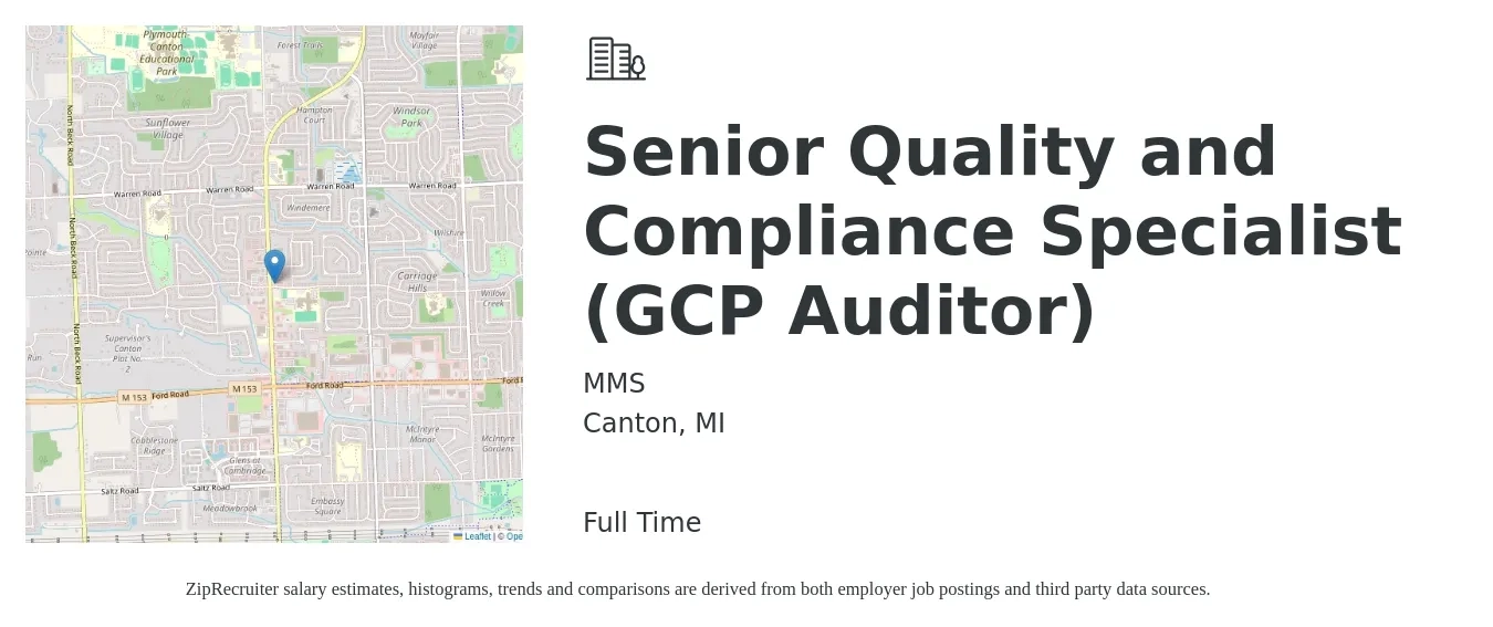 MMS job posting for a Senior Quality and Compliance Specialist (GCP Auditor) in Canton, MI with a salary of $45,300 to $80,100 Yearly with a map of Canton location.