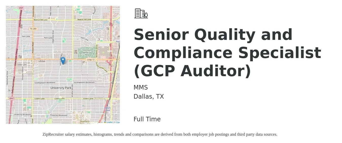 MMS job posting for a Senior Quality and Compliance Specialist (GCP Auditor) in Dallas, TX with a salary of $48,500 to $85,600 Yearly with a map of Dallas location.