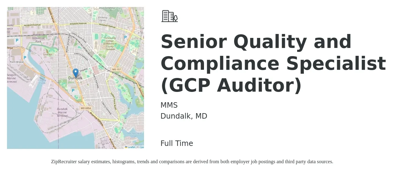 MMS job posting for a Senior Quality and Compliance Specialist (GCP Auditor) in Dundalk, MD with a salary of $45,500 to $80,300 Yearly with a map of Dundalk location.