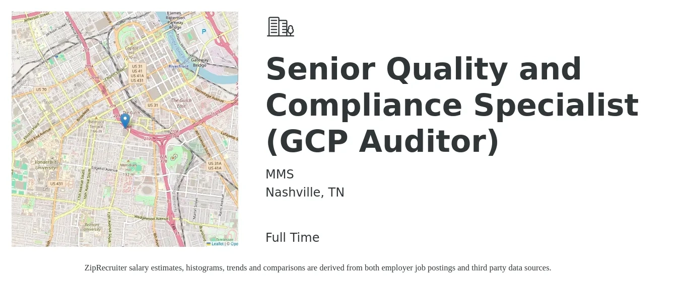MMS job posting for a Senior Quality and Compliance Specialist (GCP Auditor) in Nashville, TN with a salary of $44,500 to $78,500 Yearly with a map of Nashville location.