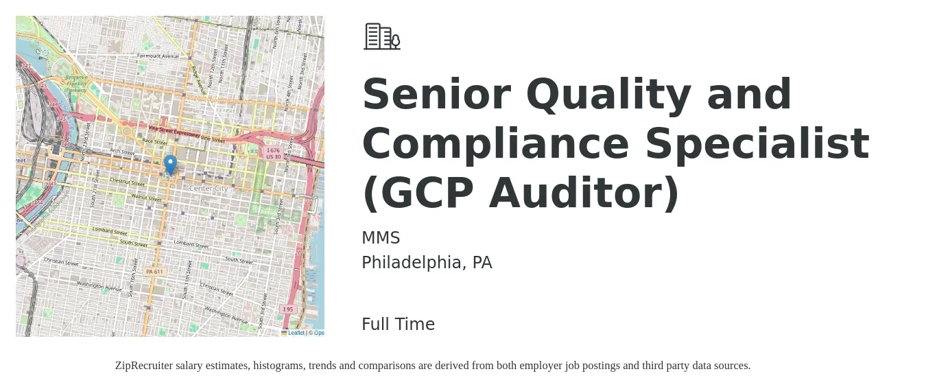 MMS job posting for a Senior Quality and Compliance Specialist (GCP Auditor) in Philadelphia, PA with a salary of $46,200 to $81,600 Yearly with a map of Philadelphia location.