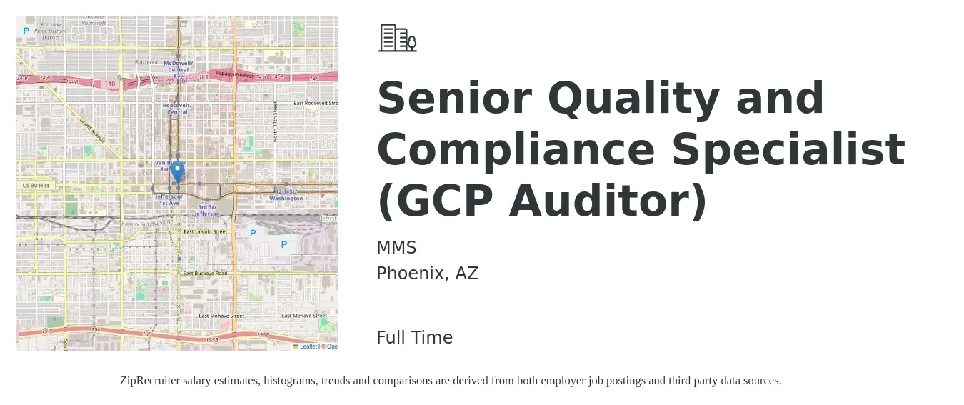 MMS job posting for a Senior Quality and Compliance Specialist (GCP Auditor) in Phoenix, AZ with a salary of $48,700 to $85,900 Yearly with a map of Phoenix location.