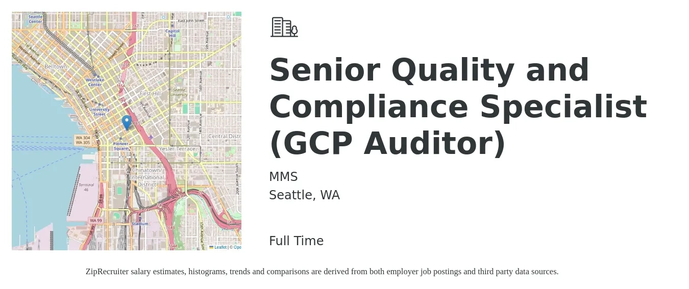 MMS job posting for a Senior Quality and Compliance Specialist (GCP Auditor) in Seattle, WA with a salary of $55,800 to $98,400 Yearly with a map of Seattle location.