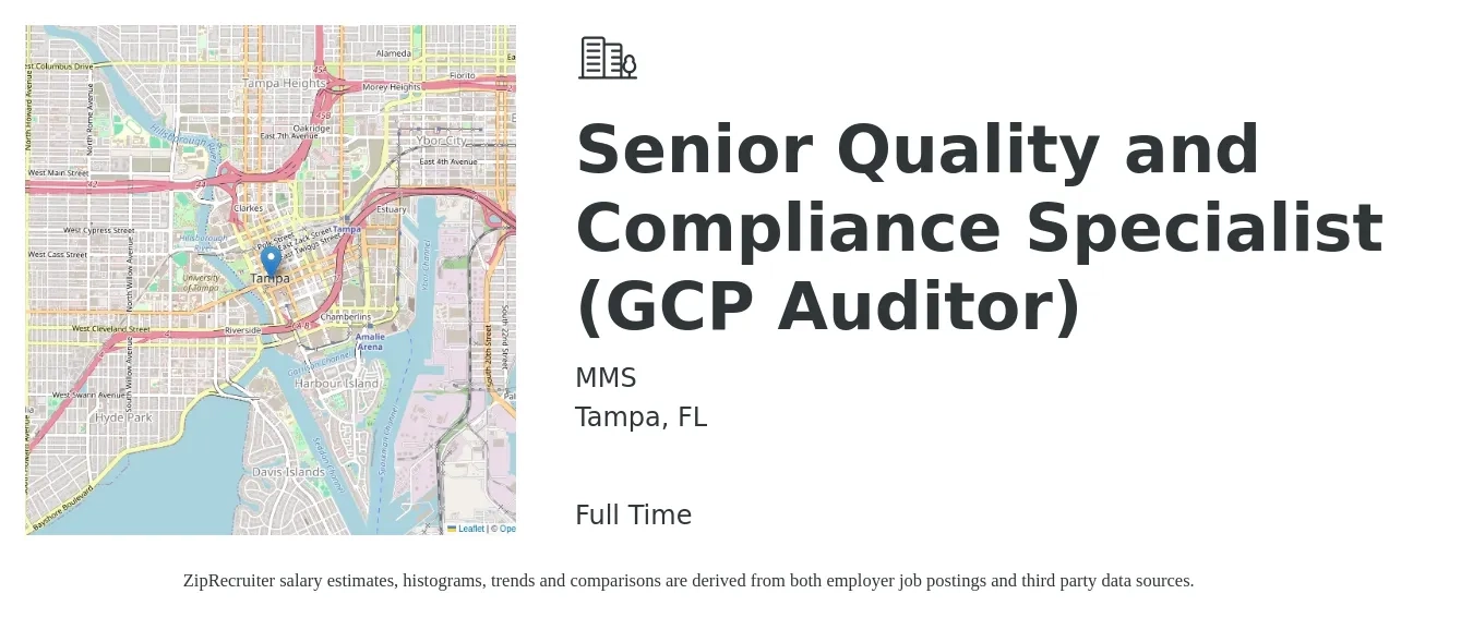 MMS job posting for a Senior Quality and Compliance Specialist (GCP Auditor) in Tampa, FL with a salary of $46,300 to $81,700 Yearly with a map of Tampa location.