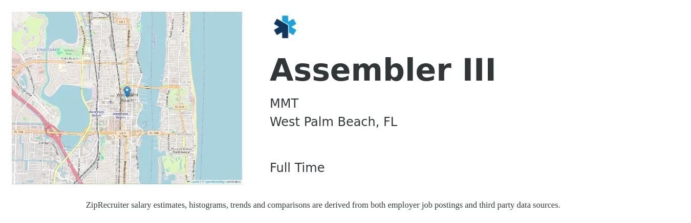 MMT job posting for a Assembler III in West Palm Beach, FL with a salary of $16 to $19 Hourly with a map of West Palm Beach location.