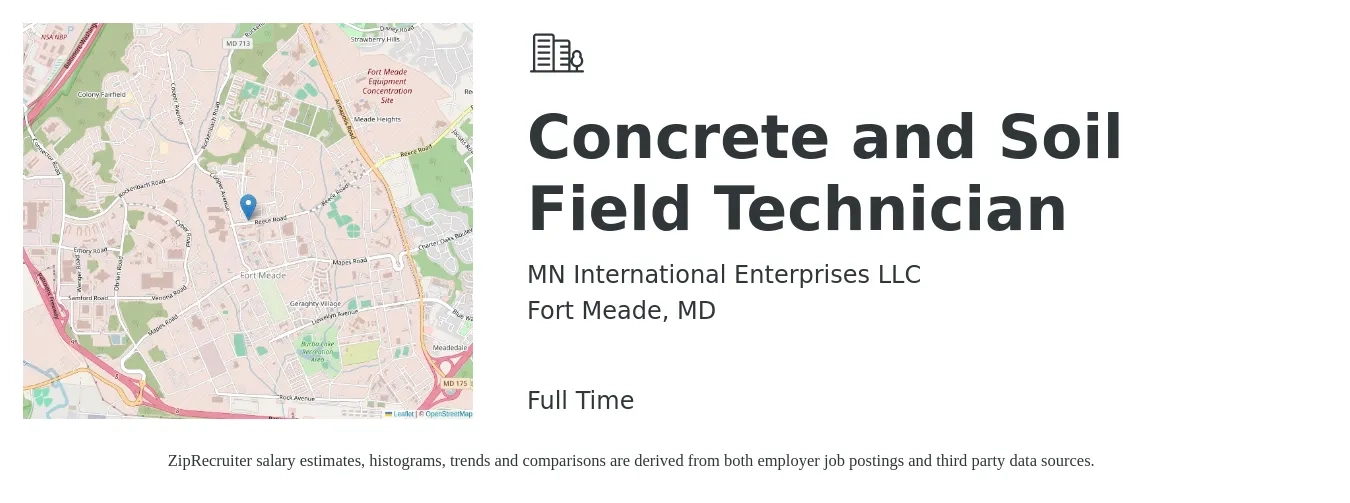 MN International Enterprises LLC job posting for a Concrete and Soil Field Technician in Fort Meade, MD with a salary of $22 to $30 Hourly with a map of Fort Meade location.
