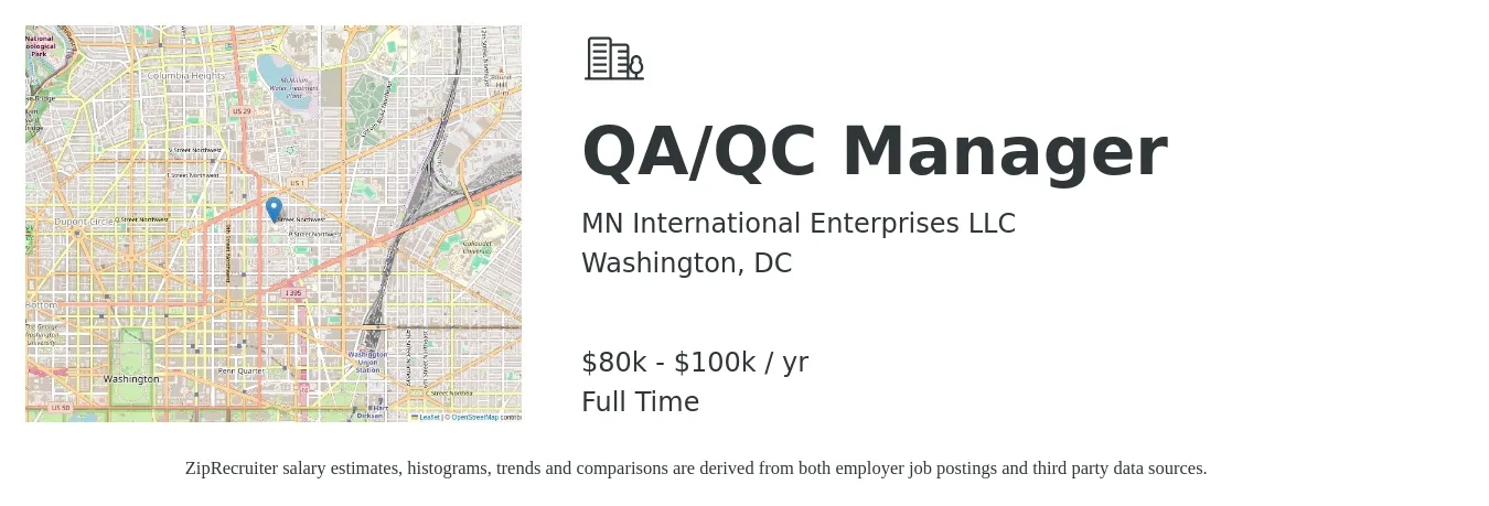 MN International Enterprises LLC job posting for a QA/QC Manager in Washington, DC with a salary of $80,000 to $100,000 Yearly with a map of Washington location.