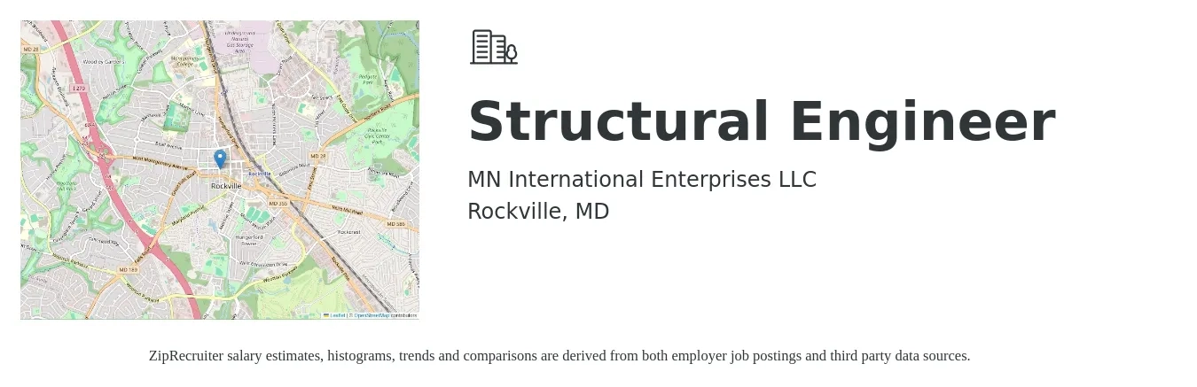 MN International Enterprises LLC job posting for a Structural Engineer in Rockville, MD with a salary of $81,500 to $115,200 Yearly with a map of Rockville location.