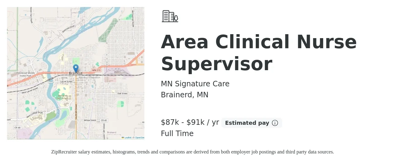 MN Signature Care job posting for a Area Clinical Nurse Supervisor in Brainerd, MN with a salary of $87,360 to $91,520 Yearly with a map of Brainerd location.