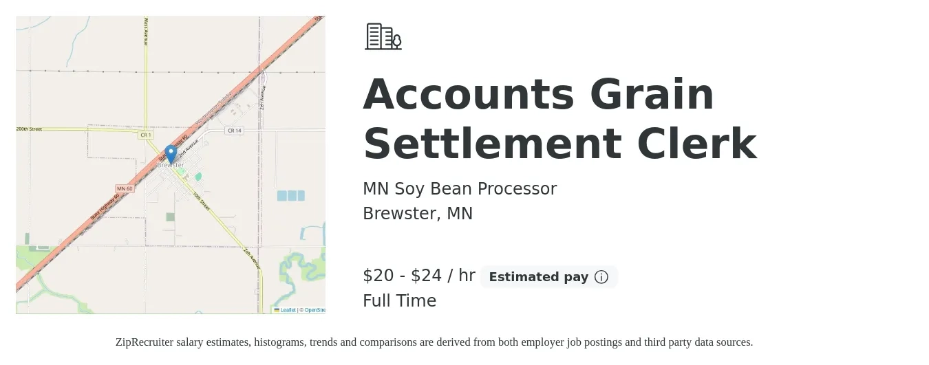MN Soy Bean Processor job posting for a Accounts Grain Settlement Clerk in Brewster, MN with a salary of $21 to $25 Hourly with a map of Brewster location.