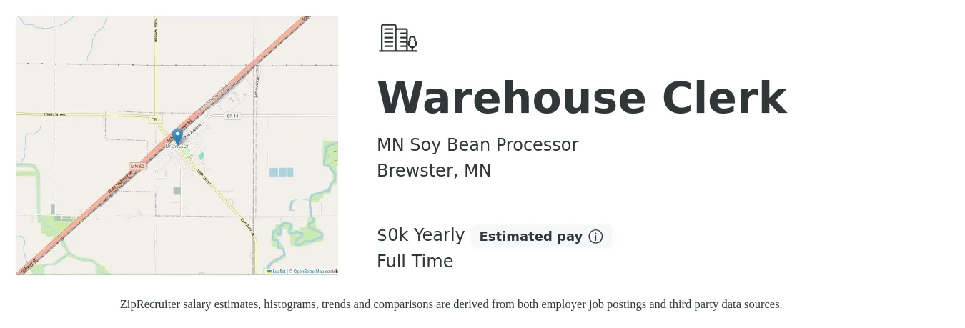 MN Soy Bean Processor job posting for a Warehouse Clerk in Brewster, MN with a salary of $19 to $20 Yearly with a map of Brewster location.